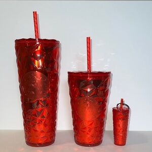 Starbucks 2023 Winter Collection Deep Red Jeweled 16 & 24 Oz Keychain Set NWT